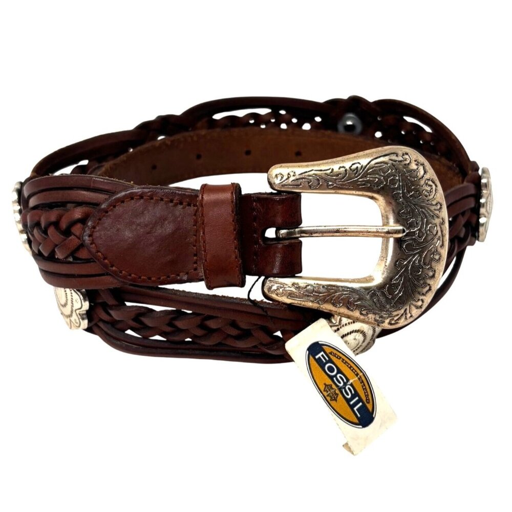 Fossil Brown Leather Belt with Concho Embellishments Size Medium NEW!